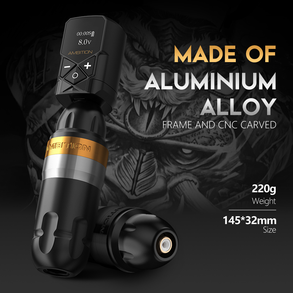 Ambition Shura Rotary Tattoo Machine with Kuark Wireless Tattoo Battery Kit