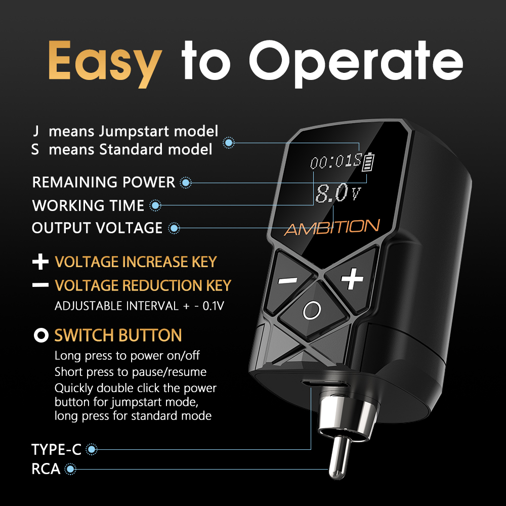Ambition Shura Rotary Tattoo Machine with Kuark Wireless Tattoo Battery Kit